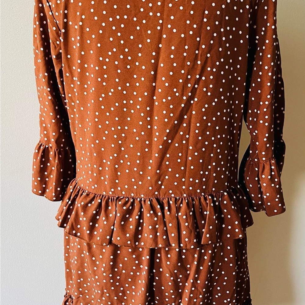 Elegant Brown Polka Dot Long Sleeve Dress - Picture 3 of 4